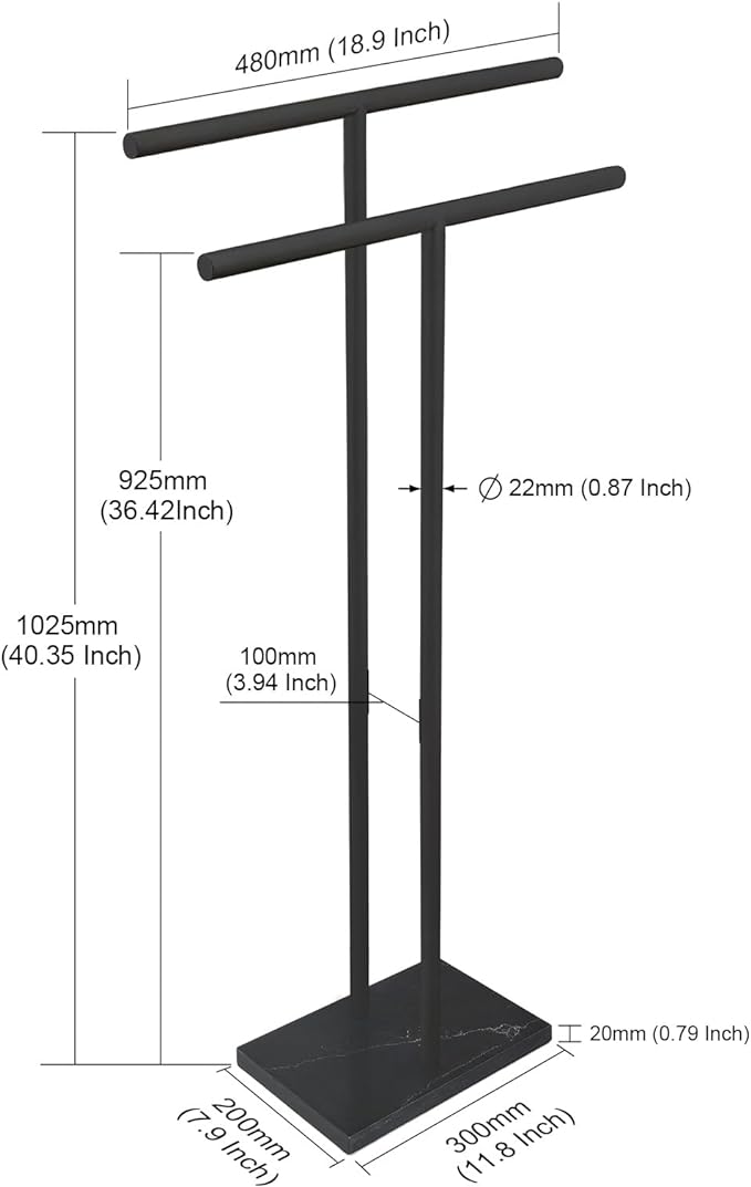 40 Inch Freestanding Towel Rack for Bathroom Floor Double-T Shape Bath Sheet Holder with Marble Design Base Standing Towel bar Next to Tub or Shower Towel Holder Stand SUS304 Matte Black