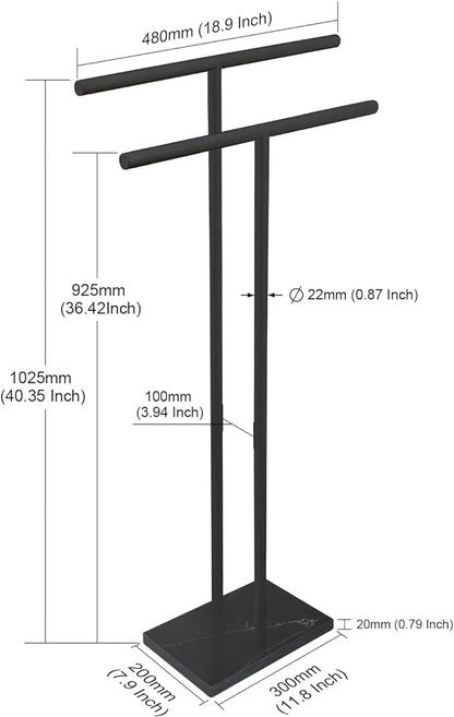 40 Inch Freestanding Towel Rack for Bathroom Floor Double-T Shape Bath Sheet Holder with Marble Design Base Standing Towel bar Next to Tub or Shower Towel Holder Stand SUS304 Matte Black