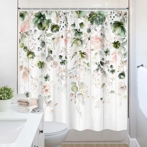 Rustic Green Pink Floral Eucalyptus Leaves Bathroom Shower Curtain Set