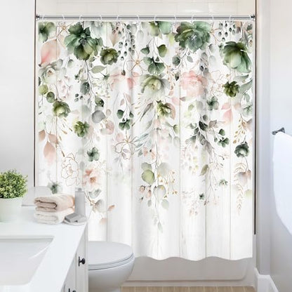 Rustic Green Pink Floral Eucalyptus Leaves Bathroom Shower Curtain Set