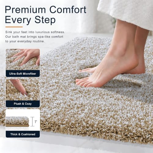 OLANLY Microfiber Bathroom Rugs 70x46, Quick Dry Bath Mat, Beige and White