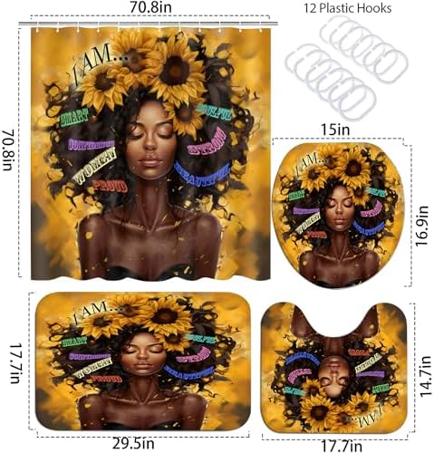 4 Pcs Sunflower Black Girl Shower Curtain Sets, Inspirational Words African Queen Bathroom Sets with Shower Curtain and Rugs Toilet Lid Cover Bath Mat, Soft Fabric Shower Curtains with Hooks