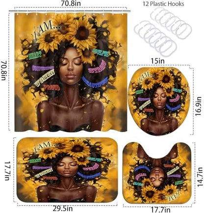 4 Pcs Sunflower Black Girl Shower Curtain Sets, Inspirational Words African Queen Bathroom Sets with Shower Curtain and Rugs Toilet Lid Cover Bath Mat, Soft Fabric Shower Curtains with Hooks