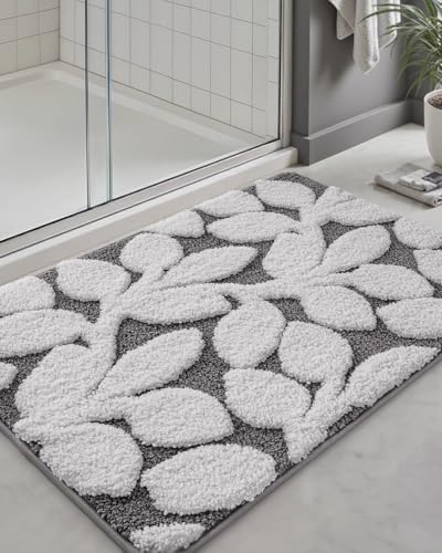 DEXI Bathroom Rugs Non Slip Washable 32x20, Boho White Leaf Bath Mat, Gray