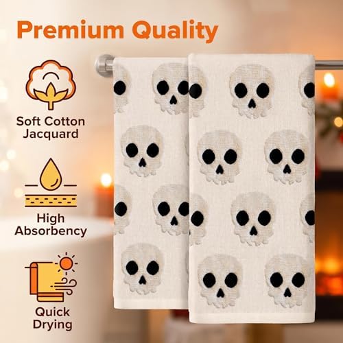 2 Pack Halloween Hand Towels 100% Cotton Jacquard Skeleton Halloween Kitchen Towels White Bathroom Towels Set Seasonal Bathroom Decor(Beige Skeleton, Halloween)
