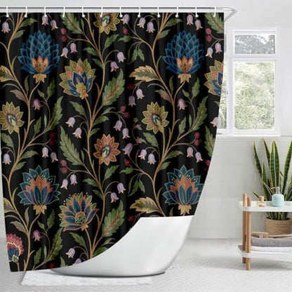 Vintage Floral Shower Curtain for Bathroom, Rustic Farmhouse Black and Teal Sage Green Boho Botanical Shower Curtains, Retro Cottagecore Wildflower Aesthetic Bath Curtain Set with Hooks， 72 x 72 Inch