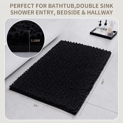 Bathroom Rugs Non Slip Washable 44x24, Extra Thick Soft Chenille Absorbent Bath Mat, High Density Barrier Non Slip Backing, Quick Dry Plush Shaggy Floor Carpet for Tub&Shower, Black