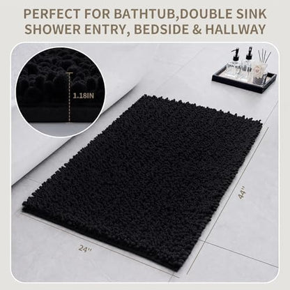 Bathroom Rugs Non Slip Washable 44x24, Extra Thick Soft Chenille Absorbent Bath Mat, High Density Barrier Non Slip Backing, Quick Dry Plush Shaggy Floor Carpet for Tub&Shower, Black