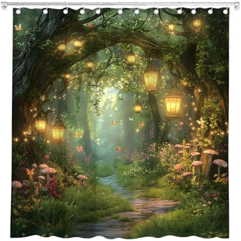 Fantasy Forest Path Shower Curtain Fairy Magical Enchanted Misty Jungle Mushroom Floral Tree Butterfly Lantern Wonderland Plant Bath Curtain Fabric Bathroom Accessories Decor with Hooks 60W x70L