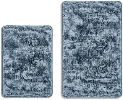 Blue Bathroom Rugs Sets 2 Piece – Absorbent and Washable Bath Mat, Non-Slip, Thick Soft Chenille Bath Rugs for Bathroom Floor, Shower, Sink - 17" x 24"+20" x 32"