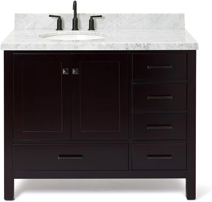 ARIEL Cambridge 42-inch Bathroom Vanity with Sink,Solid Wood, 1.5-inch Italian Carrara Marble Countertop & Backsplash, Single Oval Porcelain Sink, 2 Soft Closing Doors, 5 Dovetail Drawers, Espresso