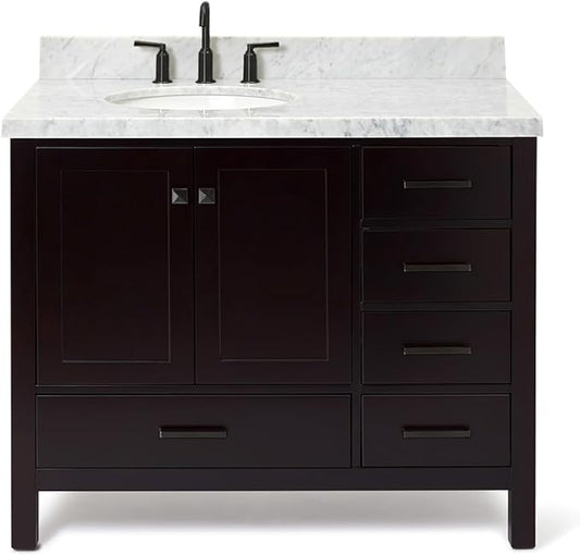 ARIEL Cambridge 42-inch Bathroom Vanity with Sink,Solid Wood, 1.5-inch Italian Carrara Marble Countertop & Backsplash, Single Oval Porcelain Sink, 2 Soft Closing Doors, 5 Dovetail Drawers, Espresso