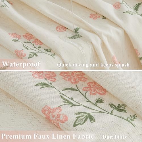 ORTIGIA Linen Shower Curtain 60 W x 72 L Farmhouse Vintage Pink Green Floral Shower Curtains Boho Rustic Block Print Cottagecore Decor for Bathroom