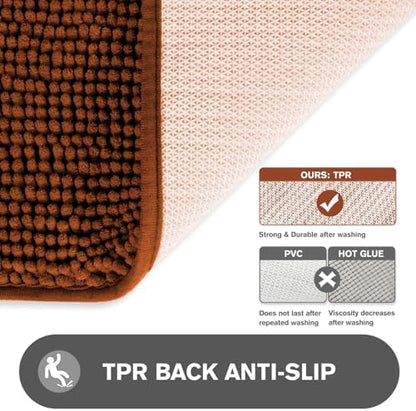 Rust Bathroom Rugs – Absorbent and Washable Bath Mat, Non-Slip, Thick Soft Chenille Bath Rugs for Bathroom Floor, Shower, Sink - 20" x 32"
