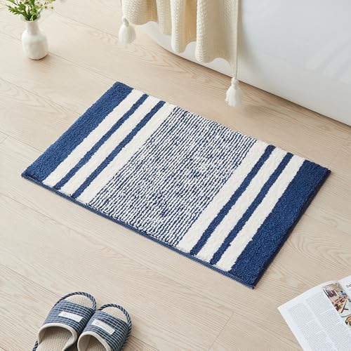 CozeCube Navy Blue Striped 32"x20" Non Slip Washable Bath Mat