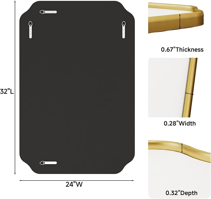 32"x24" Gold Wall Bathroom Mirror, Scalloped Edge Vanity Mirror | Hangs Vertically/Horizontally, Wooden Frame Decorative Mirror, For Vanity, Bedroom & Entryway, Aesthetic Bathroom Decor