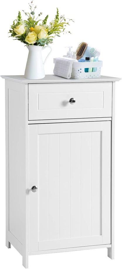 COSTWAY Bathroom Storage Cabinet, Wooden Freestanding Storage Organizer with Deep Drawers & Adjustable Shelf, Single Door Floor Cabinet for Living Room, Bathroom, Kitchen, Entryway, White