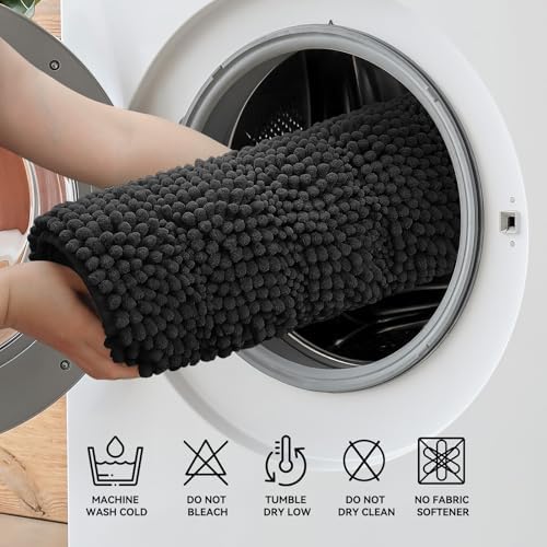 Bcoimo Bath Rug Mat,36x24 Chenille Non Slip Black Bathroom Floor Shower Mat