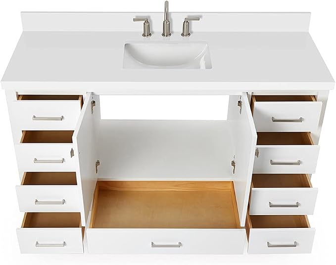 ARIEL Cambridge 60-inch Bathroom Vanity with Sink,Solid Wood, 1.5-inch Pure White Quartz Countertop & Backsplash, Single Rectangular Porcelain Sink, 2 Soft Closing Doors, 9 Dovetail Drawers, White