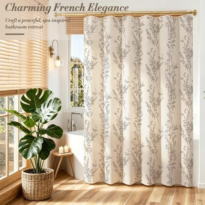 Grey Linen Farmhouse Shower Curtain, Boho Floral Bathroom 72x78