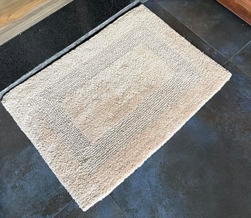 KEMA Soft 100% Cotton Linen Bath Mat 17"x24" - Regular Use Rectangular Spa Mat Rug Plush Water Absorbent, Decorative Border for Bathroom Vanity, Bathtub/Shower - Machine Washable - 1 Pack
