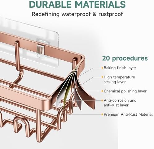 Veken Shower Caddy 6-Pack, No Drilling & Rustproof, Waterproof Adhesive Shelves Rack with Soap Holder, Large Capacity Bathroom Organizers and Storage, Wall-Mounted Kitchen & Home Decor, Rose Gold
