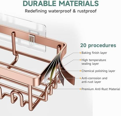 Veken Shower Caddy 6-Pack, No Drilling & Rustproof, Waterproof Adhesive Shelves Rack with Soap Holder, Large Capacity Bathroom Organizers and Storage, Wall-Mounted Kitchen & Home Decor, Rose Gold