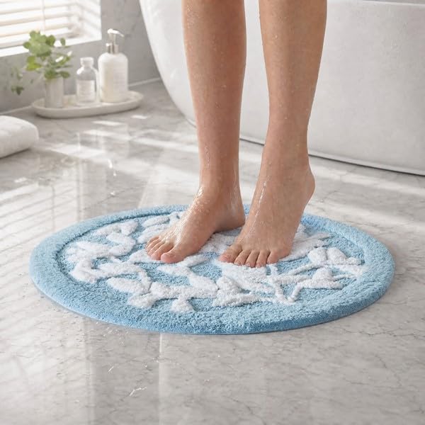 Madison Park Serene Tufted Bath Rug Cotton Absorbent, Round, Blue | Quick Dry, Soft Pile, Machine Washable, Floral Pattern, Plush, OEKO-TEX Certified