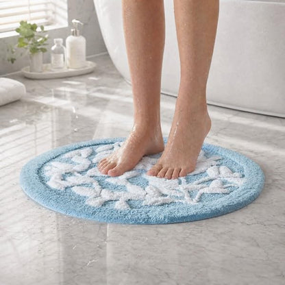 Madison Park Serene Tufted Bath Rug Cotton Absorbent, Round, Blue | Quick Dry, Soft Pile, Machine Washable, Floral Pattern, Plush, OEKO-TEX Certified