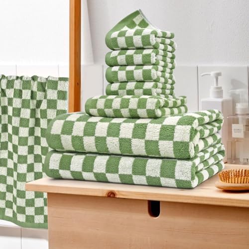 Jacquotha Green Checkered Towels Set of 8, Cotton Towels for Bathroom