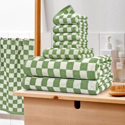 Jacquotha Green Checkered Towels Set of 8, Cotton Towels for Bathroom