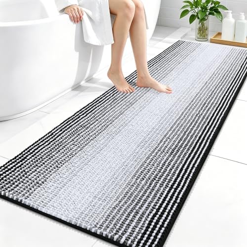 OLANLY Bathroom Runner Rugs 59x24, Soft Chenille Striped Bath Rugs, Black