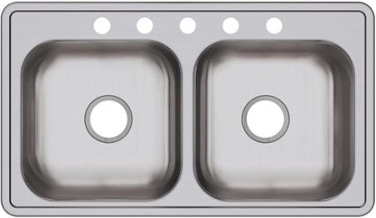 Dayton Stainless Steel 33" x 19" x 6-7/16", 5-Hole Equal Double Bowl Drop-in Sink