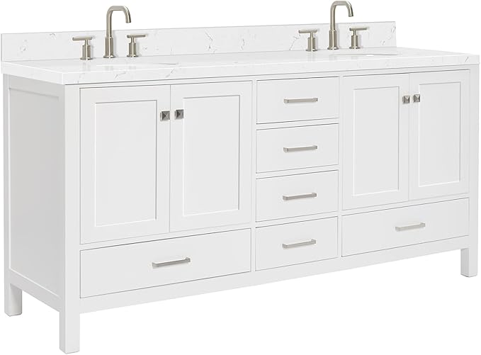 ARIEL Cambridge 72-inch Bathroom Vanity with Sink,Solid Wood, 1.5-inch Carrara White Quartz Countertop & Backsplash, Double Oval Porcelain Sink, 4 Soft Closing Doors, 6 Dovetail Drawers, White