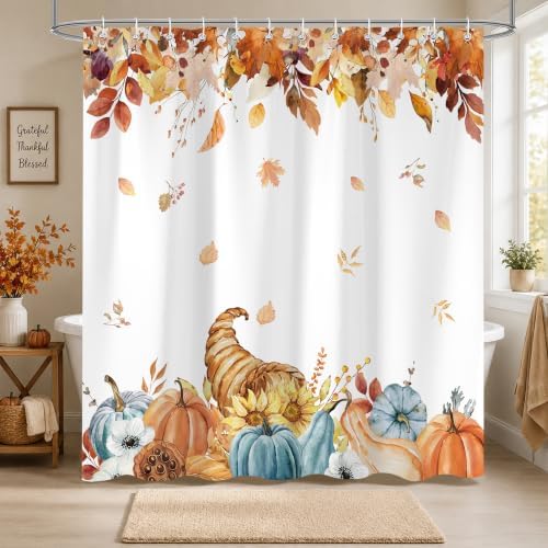 Harvest Pumpkin Shower Curtain, 72 x 78 Inch Watercolor Fall Bathroom Curtain with Autumn Leaves, Cornucopia and Blue Pumpkin Design, Farmhouse Bath Decor