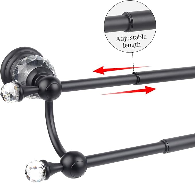 Crystal Black Towel Holder Double Adjustable Towel Bar 13 to 25 Inch, Towel Rack Rail for Bathroom Wall Mounted
