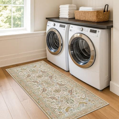 Hazo Haus Boho Bathroom Runner Rug 2x5 - Floral & Bird Runner Rug for Kitchen Floor, Hallway, Laundry Room, Bedroom, Entrance, Beige Neutral Vintage Decor, Washable Non Slip Low Pile