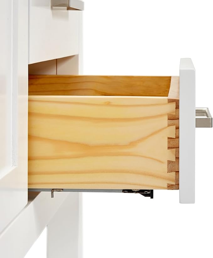 Olivia 48-Inch White Bathroom Vanity with Sink, 1.5" Edge Italian Carrara Marble Countertop & Backsplash, Rectangular Undermount Sink, 2 Soft Closing Doors, 6 Dovetail Drawers, Brushed Nickel
