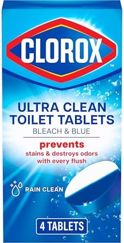 Clorox Ultra Clean Toilet Tablets Bleach & Blue, Rain Clean Scent, 2.47 Ounces Each, 4 Count (Package May Vary)