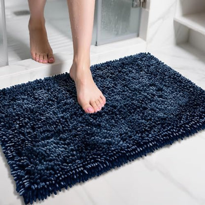 Yimobra Chenille Bathroom Rugs Non Slip, Extra Thick Soft Absorbent Bath Rug 31.5x20 Inch, Machine Washable Quick Dry Bath Mat for Bathroom Floor, Tub and Shower, Home Decor Accessories, Blue