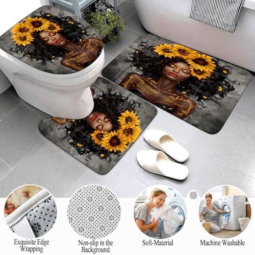 4PCS Shower Curtain Set with Waterproof Shower Curtain Non-Slip Bath Mat Rug and Toilet Lid Cover, Inspirational Quote Africa American Black Queen Fathers Day Bathroom Decor Set