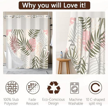 No Hook Tropical Leaf Shower Curtain and Liner Set, 71 x 74 Inch