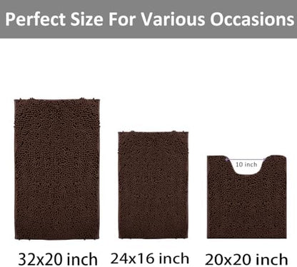 Bath Rug Set 3 Piece Luxury Chenille Extra Soft and Absorbent Shaggy Bathroom Mat Rugs, Machine Washable, Non-Slip Plush Carpet Runner for Tub, Shower, (Brown) Home Decor Bathroom Accessories