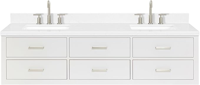 ARIEL Hutton 72-inch Bathroom Vanity with Sink,Solid Wood, 1.5-inch Carrara White Quartz Countertop & Backsplash, Double Rectangular Porcelain Sink, 3 Dovetail Drawers, White