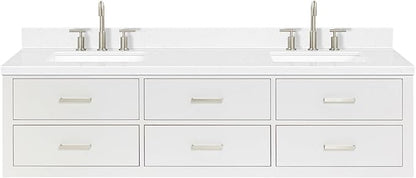 ARIEL Hutton 72-inch Bathroom Vanity with Sink,Solid Wood, 1.5-inch Carrara White Quartz Countertop & Backsplash, Double Rectangular Porcelain Sink, 3 Dovetail Drawers, White