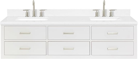 ARIEL Hutton 72-inch Bathroom Vanity with Sink,Solid Wood, 1.5-inch Carrara White Quartz Countertop & Backsplash, Double Rectangular Porcelain Sink, 3 Dovetail Drawers, White