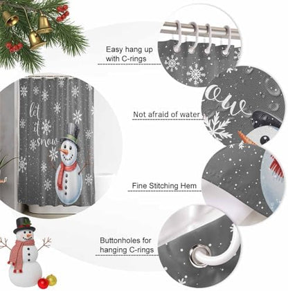 Christmas Snowman Shower Curtain Bathroom Set Xmas Snowflakes Gray Waterproof Shower Curtains with Grommets Hooks Winter Snow Privacy Bath Curtain for Bathtub Decor 72x72in