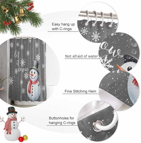 Christmas Snowman Shower Curtain Bathroom Set Xmas Snowflakes Gray Waterproof Shower Curtains with Grommets Hooks Winter Snow Privacy Bath Curtain for Bathtub Decor 36x72in