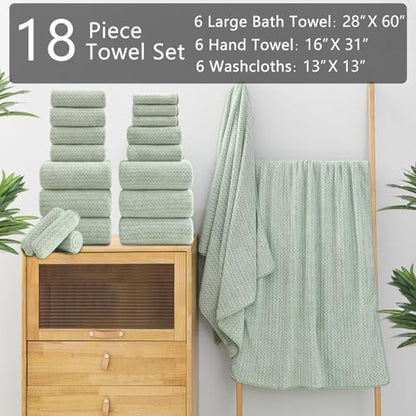 Ycosy 18 Piece Bath Towels Set,100% Microfiber Family Bathroom Towel with Hanging Loops-6 Bath Towels,6 Hand Towels,6 Washcloths,Quick Dry Highly Absorbent Shower Towel for Bathroom,Hotel,Spa-Green