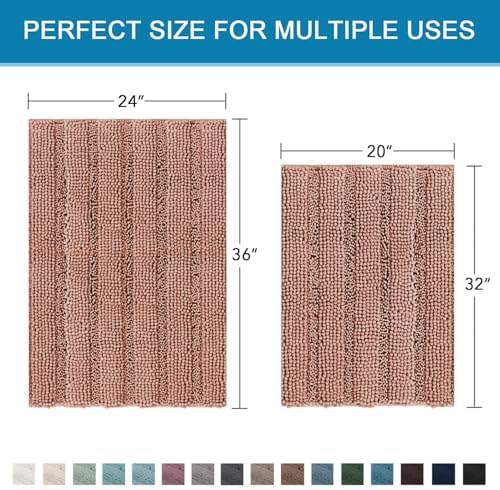 H.VERSAILTEX 2 Piece Set Bathroom Rugs Bath Mats Sets Super Absorbent Chenille Striped Bath Mats Non Skid Machine Wash Dry Rugs for Bathroom Floor (Muted Clay, 24 x 36 Plus 20 x 32 - Inches)